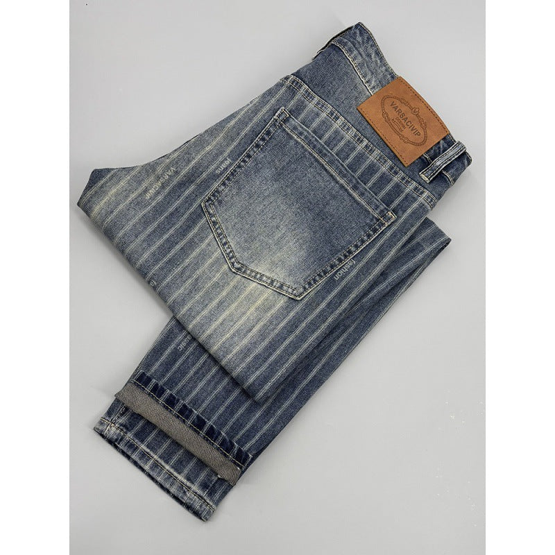 Striped Cropped Jeans Men's Thin Slim Fit
