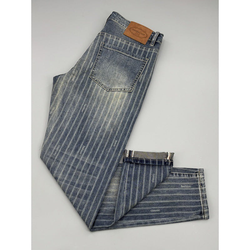Striped Cropped Jeans Men's Thin Slim Fit