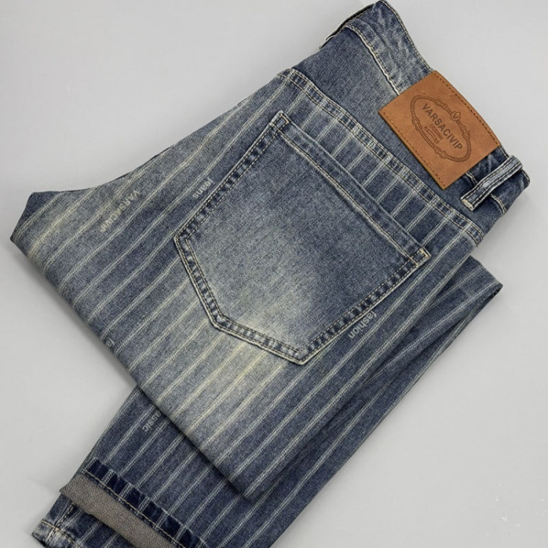 Striped Cropped Jeans Men's Thin Slim Fit