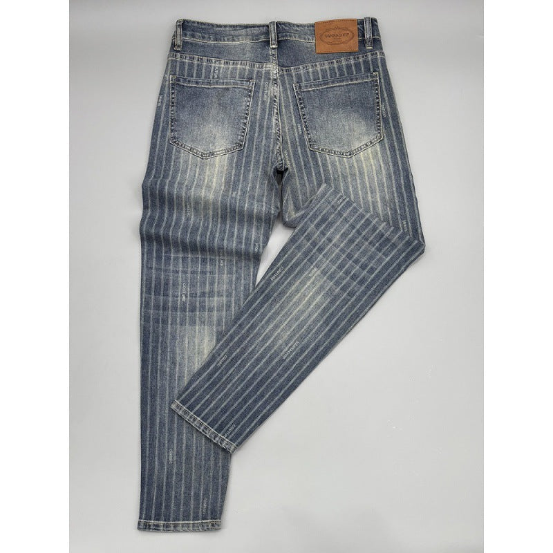Striped Cropped Jeans Men's Thin Slim Fit
