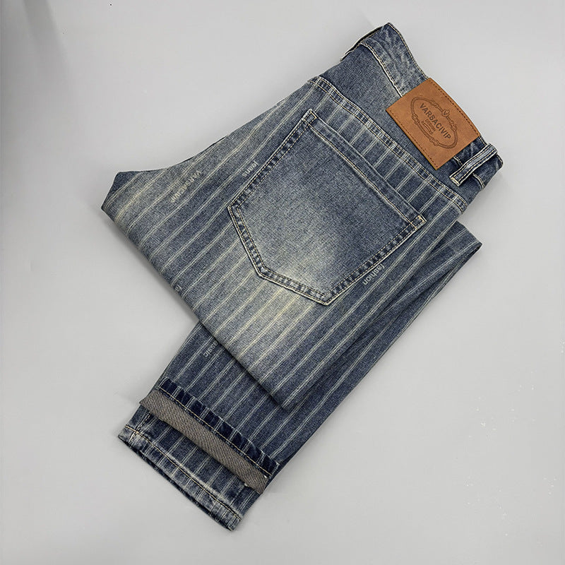 Striped Cropped Jeans Men's Thin Slim Fit