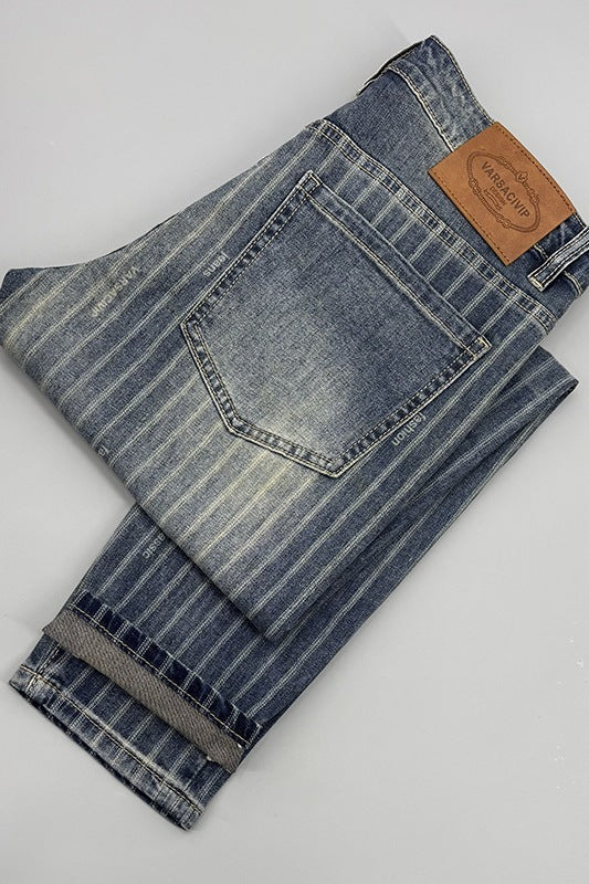 Striped Cropped Jeans Men's Thin Slim Fit