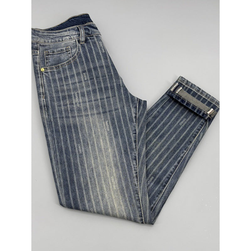 Striped Cropped Jeans Men's Thin Slim Fit