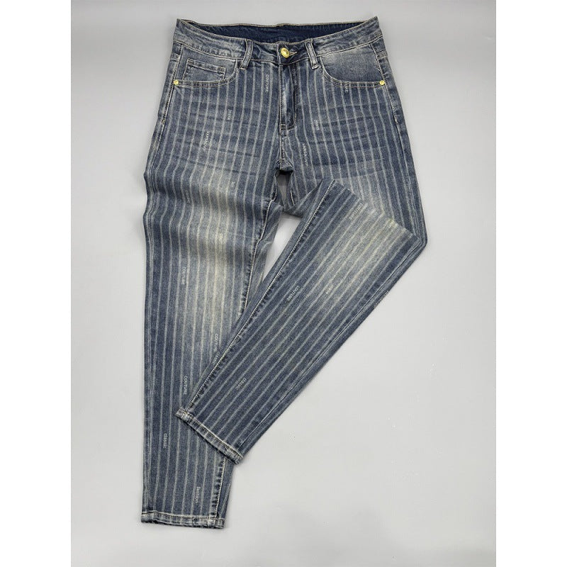 Striped Cropped Jeans Men's Thin Slim Fit