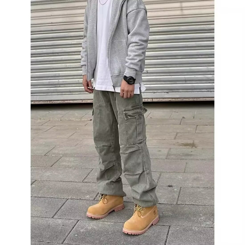 Loose Straight Heavy Stone Washed Retro Casual Denim Trousers